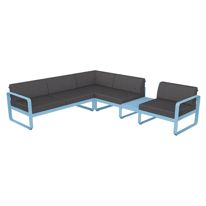 Load image into Gallery viewer, Fermob Bellevie Modular Corner Sofa Composition 3B – Maya Blue frame with Graphite Grey fabric cushions
