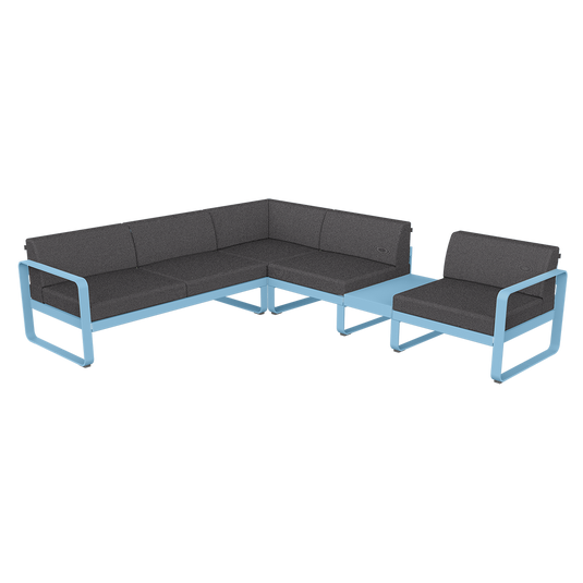 Fermob Bellevie Modular Corner Sofa Composition 3B – Maya Blue frame with Graphite Grey fabric cushions
