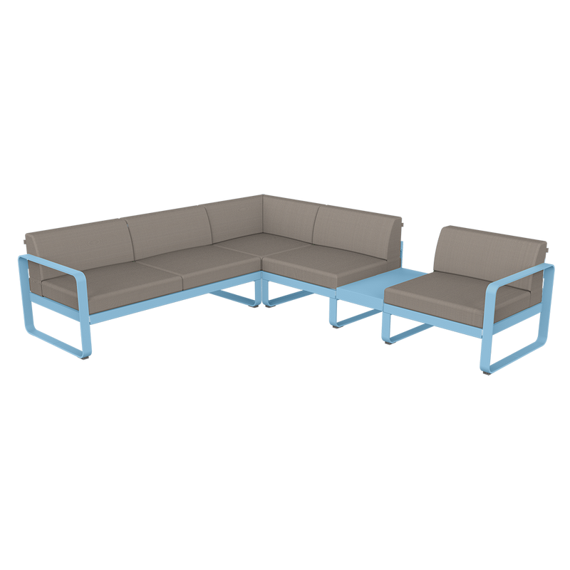 Load image into Gallery viewer, Fermob Bellevie Modular Corner Sofa Composition 3B – Maya Blue frame with Grey Taupe fabric cushions
