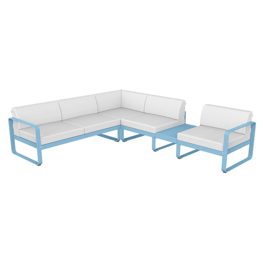 Fermob Bellevie Modular Corner Sofa Composition 3B – Maya Blue frame with Off-White fabric cushions