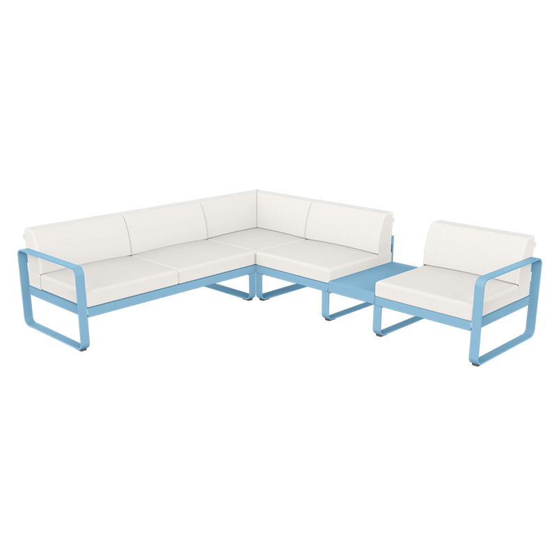 Load image into Gallery viewer, Fermob Bellevie Modular Corner Sofa Composition 3B – Maya Blue frame with Pearl fabric cushions
