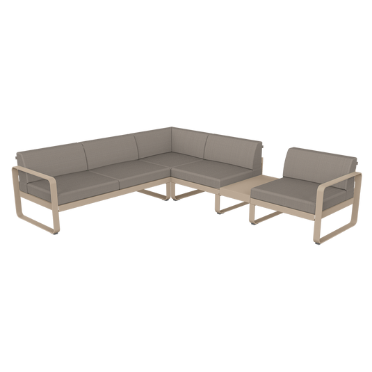 Fermob Bellevie Modular Corner Sofa Composition 3B – Nutmeg frame with Grey Taupe fabric cushions