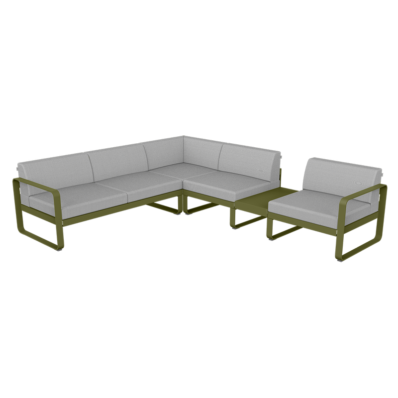 Load image into Gallery viewer, Fermob Bellevie Modular Corner Sofa Composition 3B – Pesto Green frame with Flannel Grey fabric cushions
