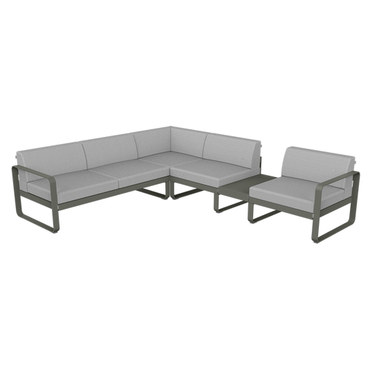 Fermob Bellevie Modular Corner Sofa Composition 3B – Rosemary frame with Flannel Grey fabric cushions