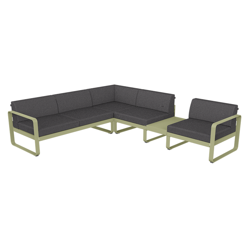 Load image into Gallery viewer, Fermob Bellevie Modular Corner Sofa Composition 3B – Willow Green frame with Graphite Grey fabric cushions
