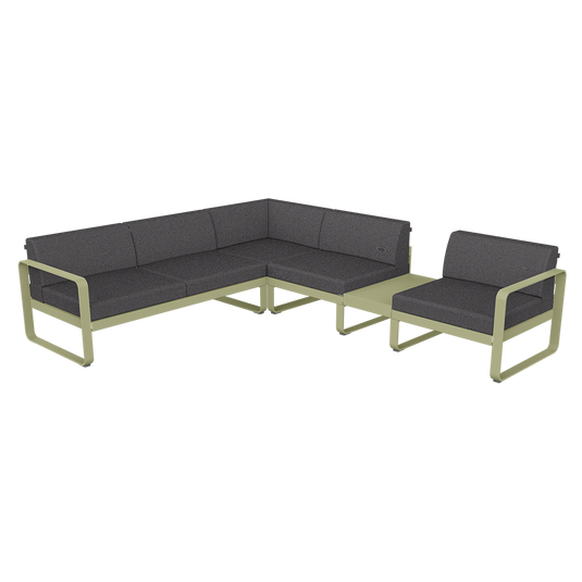 Fermob Bellevie Modular Corner Sofa Composition 3B – Willow Green frame with Graphite Grey fabric cushions