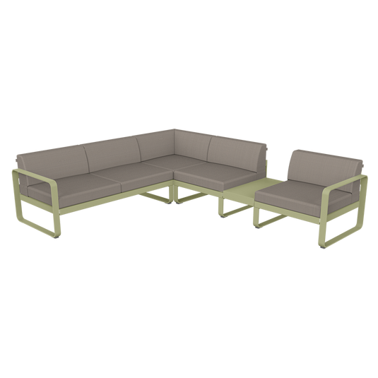 Fermob Bellevie Modular Corner Sofa Composition 3B – Willow Green frame with Grey Taupe fabric cushions