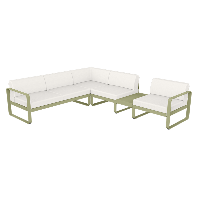 Load image into Gallery viewer, Fermob Bellevie Modular Corner Sofa Composition 3B – Willow Green frame with Pearl fabric cushions
