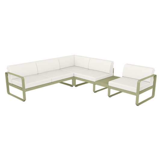 Fermob Bellevie Modular Corner Sofa Composition 3B – Willow Green frame with Pearl fabric cushions