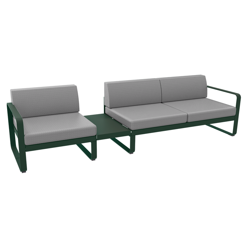 Load image into Gallery viewer, Fermob Bellevie Modular Sofa Composition 1A – Cedar Green frame with Flannel Grey fabric cushions
