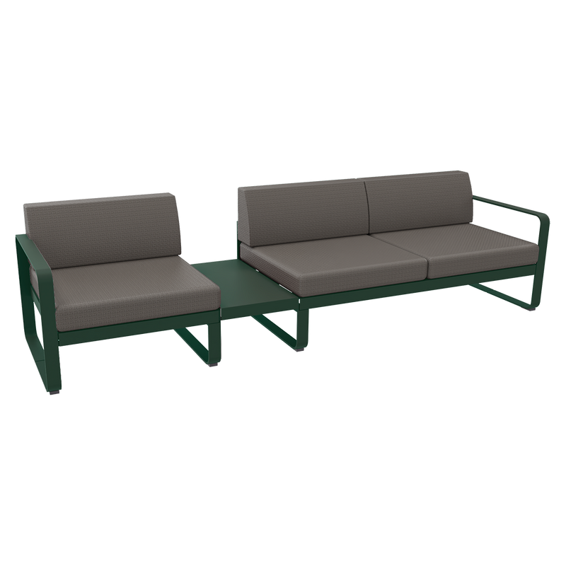 Load image into Gallery viewer, Fermob Bellevie Modular Sofa Composition 1A – Cedar Green frame with Grey Taupe fabric cushions
