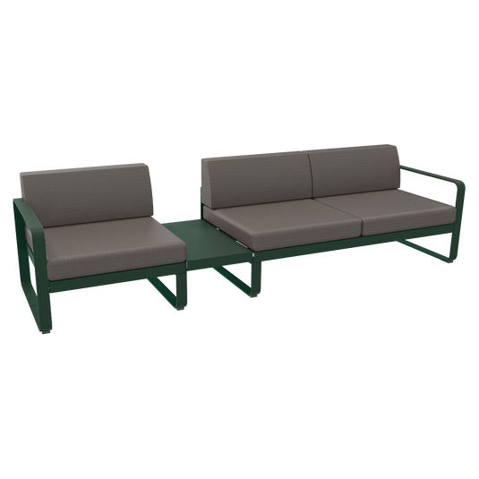 Fermob Bellevie Modular Sofa Composition 1A – Cedar Green frame with Grey Taupe fabric cushions