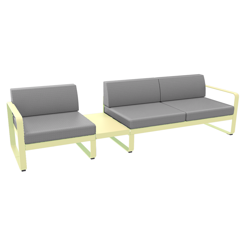 Load image into Gallery viewer, Fermob Bellevie Modular Sofa Composition 1A – Frosted Lemon frame with Flannel Grey fabric cushions
