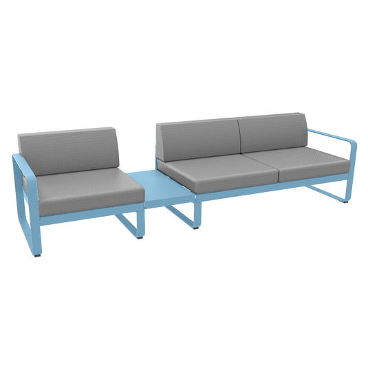 Fermob Bellevie Modular Sofa Composition 1A – Maya Blue frame with Flannel Grey fabric cushions