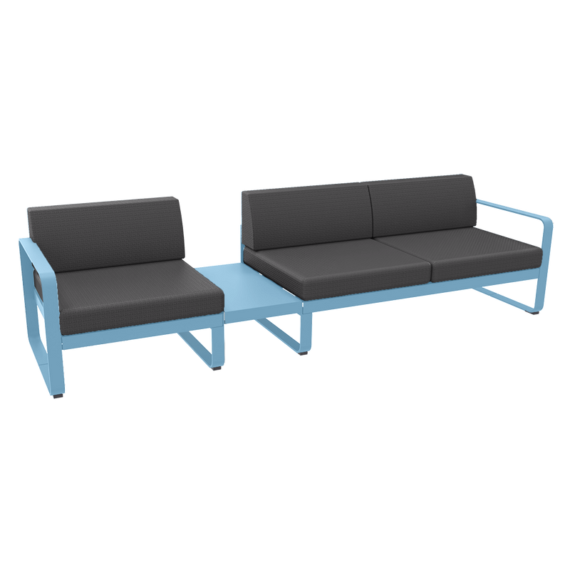 Load image into Gallery viewer, Fermob Bellevie Modular Sofa Composition 1A – Maya Blue frame with Graphite Grey fabric cushions
