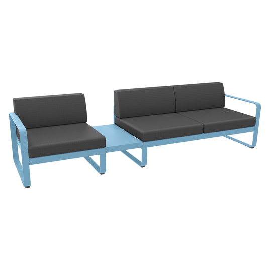 Fermob Bellevie Modular Sofa Composition 1A – Maya Blue frame with Graphite Grey fabric cushions