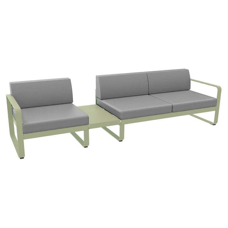 Load image into Gallery viewer, Fermob Bellevie Modular Sofa Composition 1A – Willow Green frame with Flannel Grey fabric cushions
