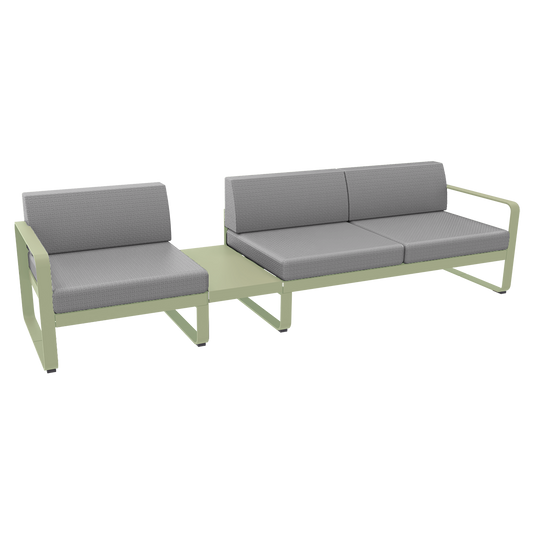 Fermob Bellevie Modular Sofa Composition 1A – Willow Green frame with Flannel Grey fabric cushions