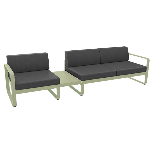 Fermob Bellevie Modular Sofa Composition 1A – Willow Green frame with Graphite Grey fabric cushions