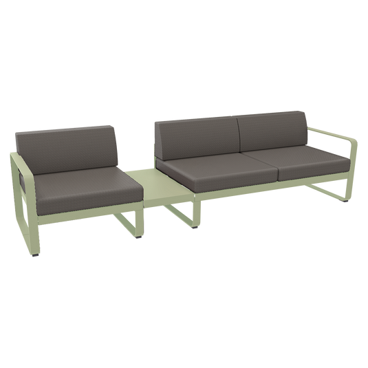 Fermob Bellevie Modular Sofa Composition 1A – Willow Green frame with Grey Taupe fabric cushions