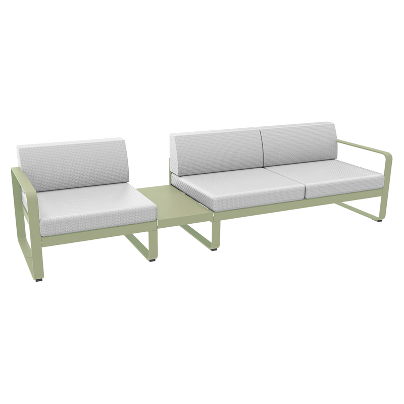 Load image into Gallery viewer, Fermob Bellevie Modular Sofa Composition 1A – Willow Green frame with Off-White fabric cushions
