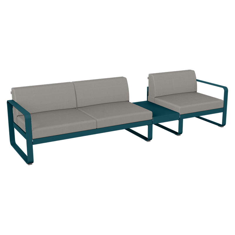 Load image into Gallery viewer, Fermob Bellevie Modular Sofa Composition 1B – Acapulco Blue frame with Grey Taupe fabric cushions
