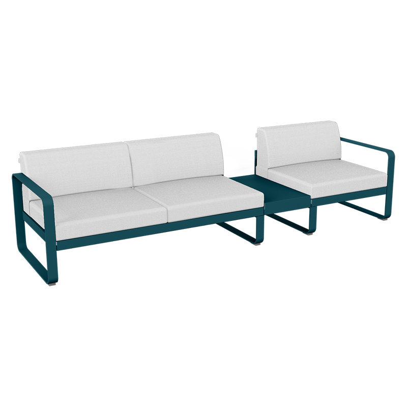 Load image into Gallery viewer, Fermob Bellevie Modular Sofa Composition 1B – Acapulco Blue frame with Off-White fabric cushions
