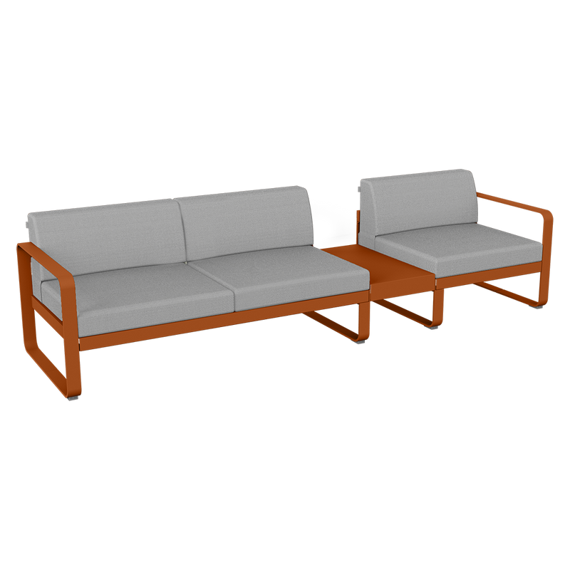Load image into Gallery viewer, Fermob Bellevie Modular Sofa Composition 1B – Candied Orange frame with Flannel Grey fabric cushions
