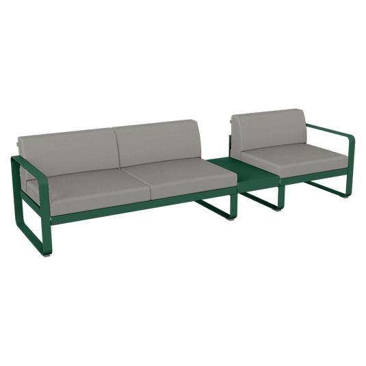 Fermob Bellevie Modular Sofa Composition 1B – Cedar Green frame with Grey Taupe fabric cushions