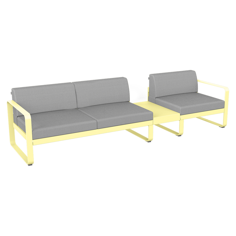 Load image into Gallery viewer, Fermob Bellevie Modular Sofa Composition 1B – Frosted Lemon frame with Flannel Grey fabric cushions
