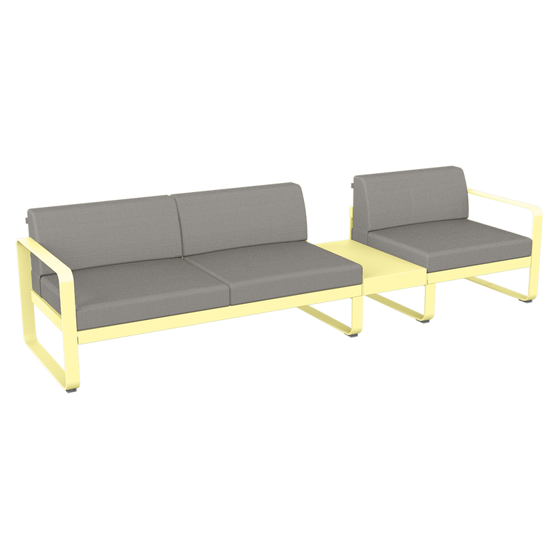 Load image into Gallery viewer, Fermob Bellevie Modular Sofa Composition 1B – Frosted Lemon frame with Grey Taupe fabric cushions
