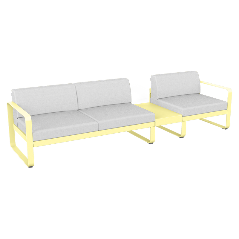 Load image into Gallery viewer, Fermob Bellevie Modular Sofa Composition 1B – Frosted Lemon frame with Off-White fabric cushions
