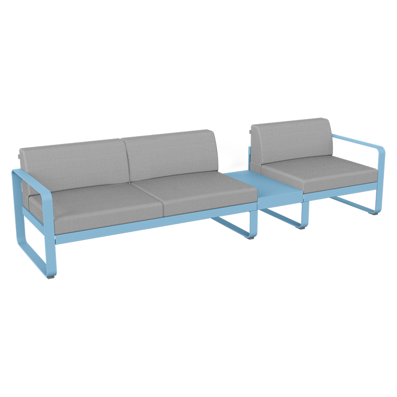 Load image into Gallery viewer, Fermob Bellevie Modular Sofa Composition 1B – Maya Blue frame with Flannel Grey fabric cushions
