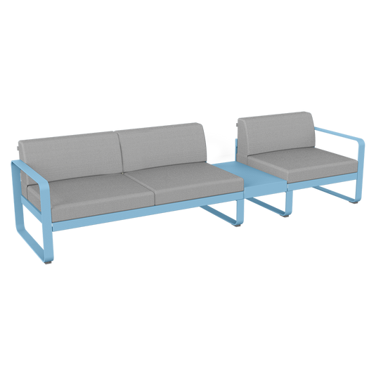 Fermob Bellevie Modular Sofa Composition 1B – Maya Blue frame with Flannel Grey fabric cushions