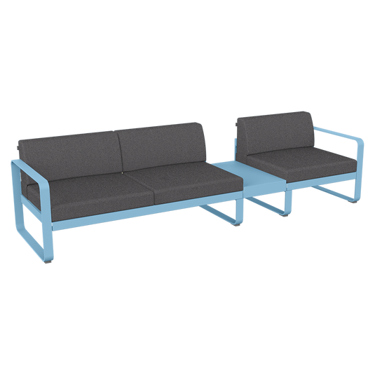 Fermob Bellevie Modular Sofa Composition 1B – Maya Blue frame with Graphite Grey fabric cushions