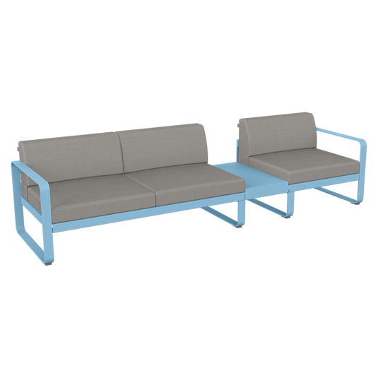 Fermob Bellevie Modular Sofa Composition 1B – Maya Blue frame with Grey Taupe fabric cushions