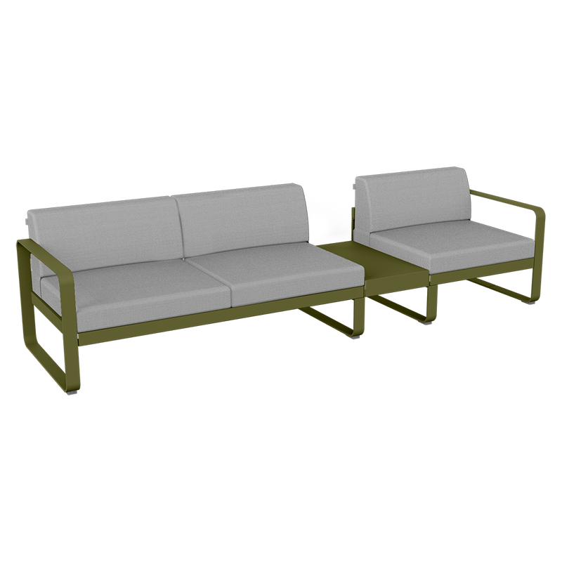Load image into Gallery viewer, Fermob Bellevie Modular Sofa Composition 1B – Pesto Green frame with Flannel Grey fabric cushions
