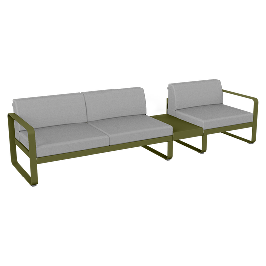 Fermob Bellevie Modular Sofa Composition 1B – Pesto Green frame with Flannel Grey fabric cushions