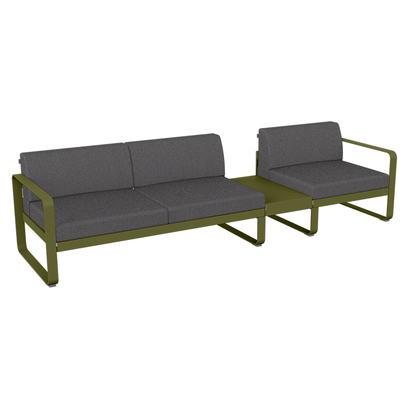 Load image into Gallery viewer, Fermob Bellevie Modular Sofa Composition 1B – Pesto Green frame with Graphite Grey fabric cushions
