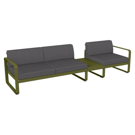 Fermob Bellevie Modular Sofa Composition 1B – Pesto Green frame with Graphite Grey fabric cushions