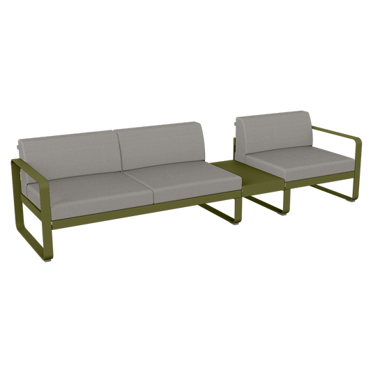 Fermob Bellevie Modular Sofa Composition 1B – Pesto Green frame with Grey Taupe fabric cushions