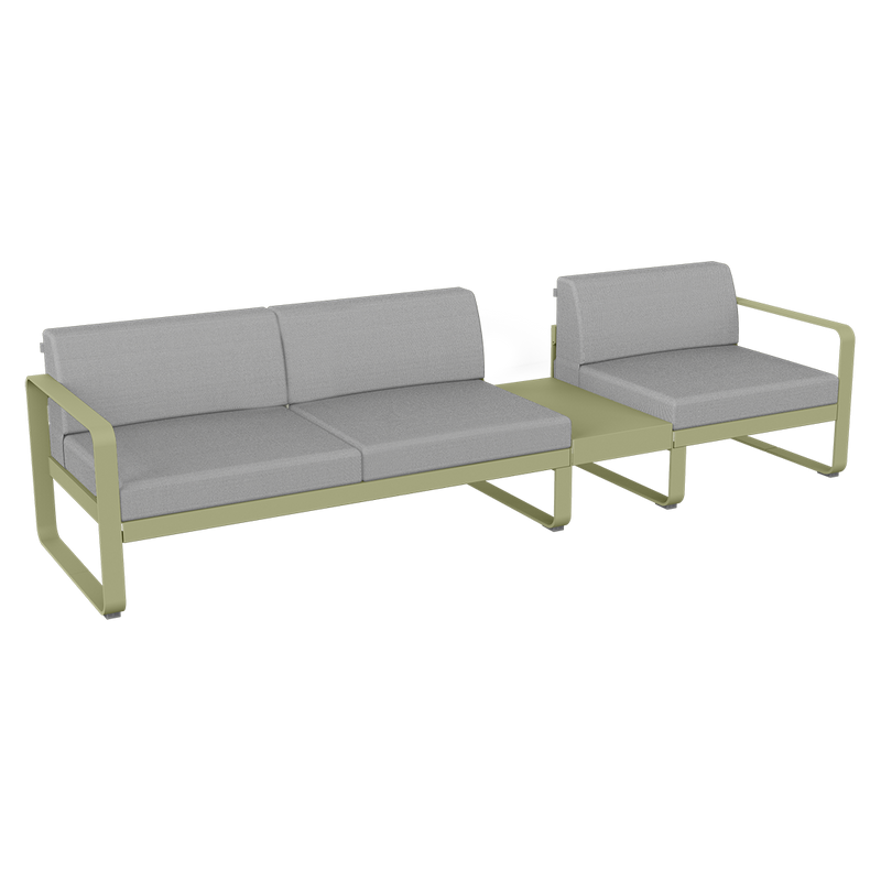 Load image into Gallery viewer, Fermob Bellevie Modular Sofa Composition 1B – Willow Green frame with Flannel Grey fabric cushions
