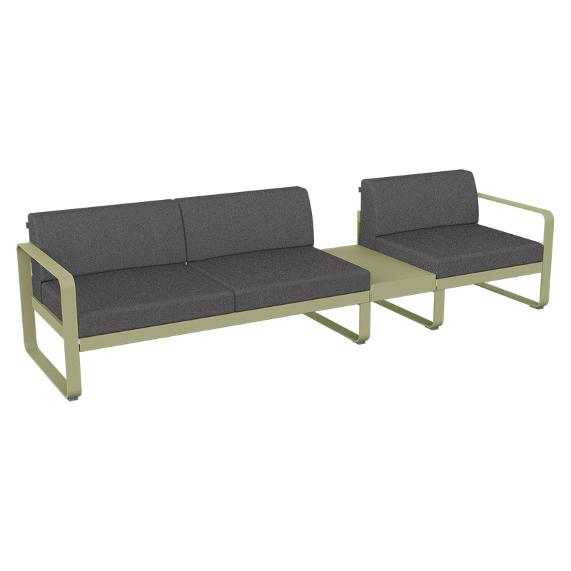 Load image into Gallery viewer, Fermob Bellevie Modular Sofa Composition 1B – Willow Green frame with Graphite Grey fabric cushions
