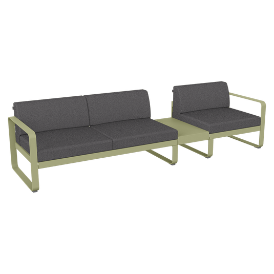 Fermob Bellevie Modular Sofa Composition 1B – Willow Green frame with Graphite Grey fabric cushions