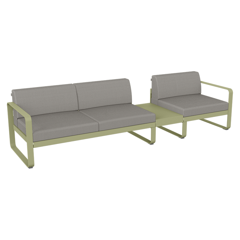 Load image into Gallery viewer, Fermob Bellevie Modular Sofa Composition 1B – Willow Green frame with Grey Taupe fabric cushions
