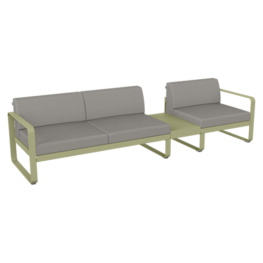 Fermob Bellevie Modular Sofa Composition 1B – Willow Green frame with Grey Taupe fabric cushions