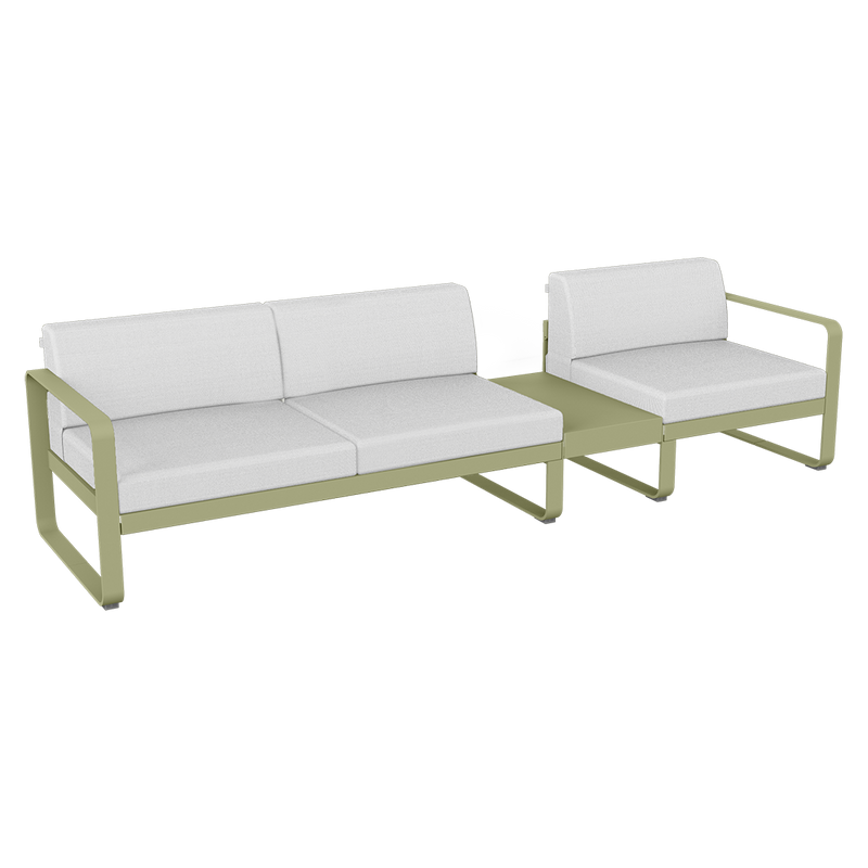 Load image into Gallery viewer, Fermob Bellevie Modular Sofa Composition 1B – Willow Green frame with Off-White fabric cushions
