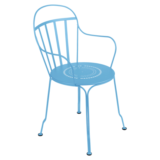 Fermob Louvre Armchair in Maya Blue – stackable metal garden armchair in powder-coated steel