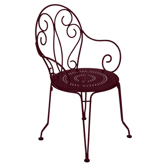 Fermob Montmartre Armchair in Black Cherry – stackable steel bistro garden armchair with scrollwork