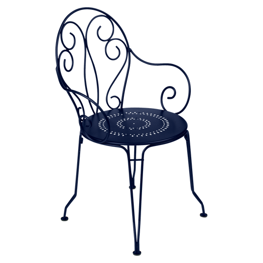 Fermob Montmartre Armchair in Deep Blue – stackable steel bistro garden armchair with scrollwork